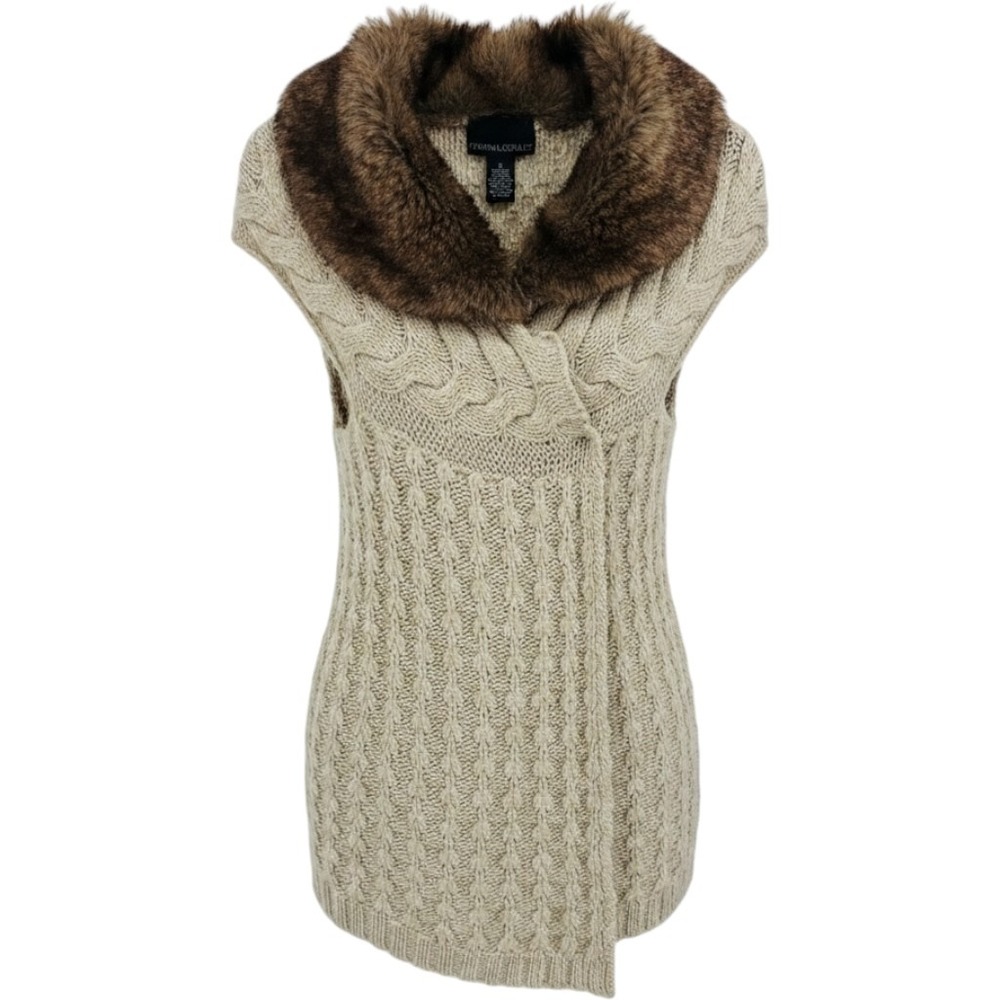 Cynthia Rowley Oatmeal Faux Fur Collar Knit Vest Sleeveless Snap Front Small